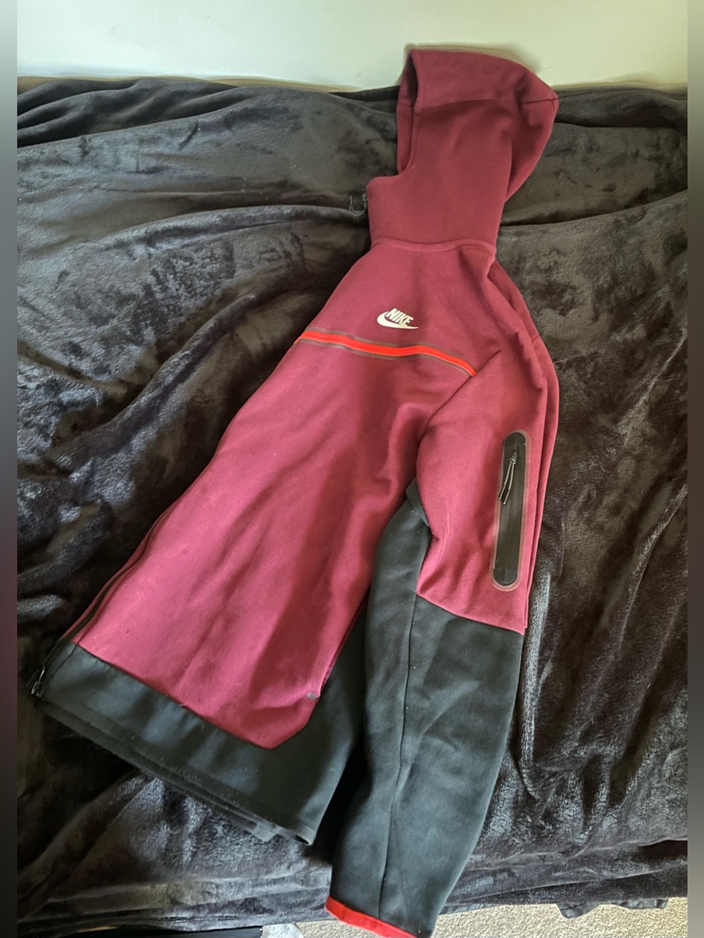Nike Burgundy and Black Hooded Pullover with Red Trim